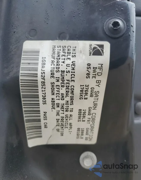 2005 Saturn Ion Level 2 из США, поврежденный, VIN 1G8AJ52F85Z173035